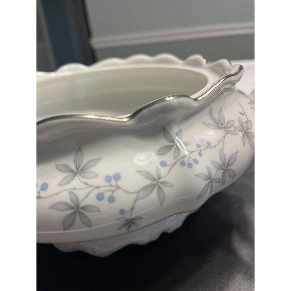 Johann Haviland Blue Flowers Gray Leaf Pattern Gravy Boat w Attached Under Plate - Picture 12 of 14